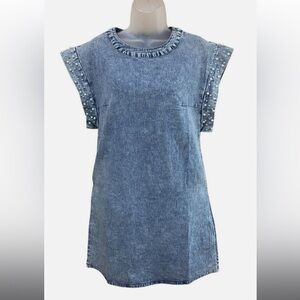 LALA Factory Blue Denim Dress with Pearl Accents